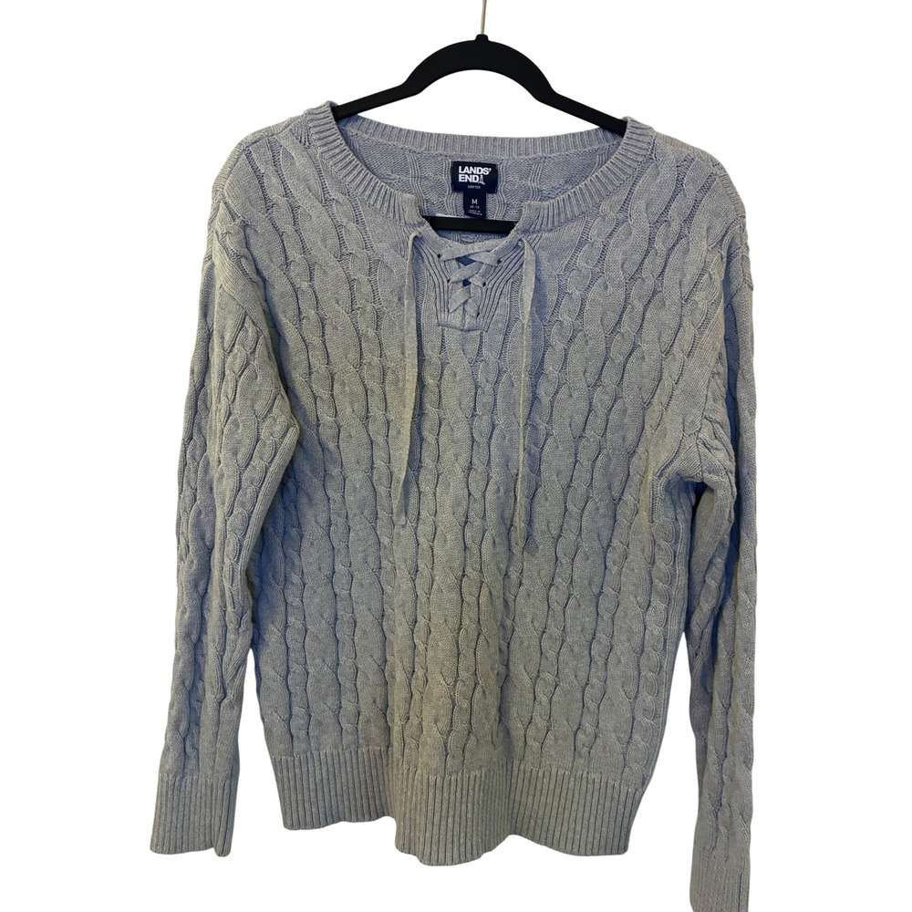 Lands End Drifter Cable Knit Lace Up Sweater Grey Cotton Pullover Womens Medium